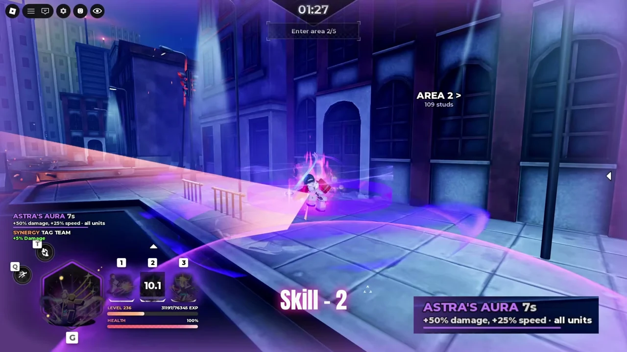 Astra’s Aura HUD showing a timed +50% damage and +25% speed buff for all units