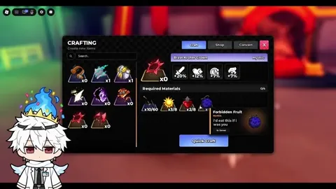 Yugi’s Craft tab shows the selected item, Required Materials and Quick Craft.