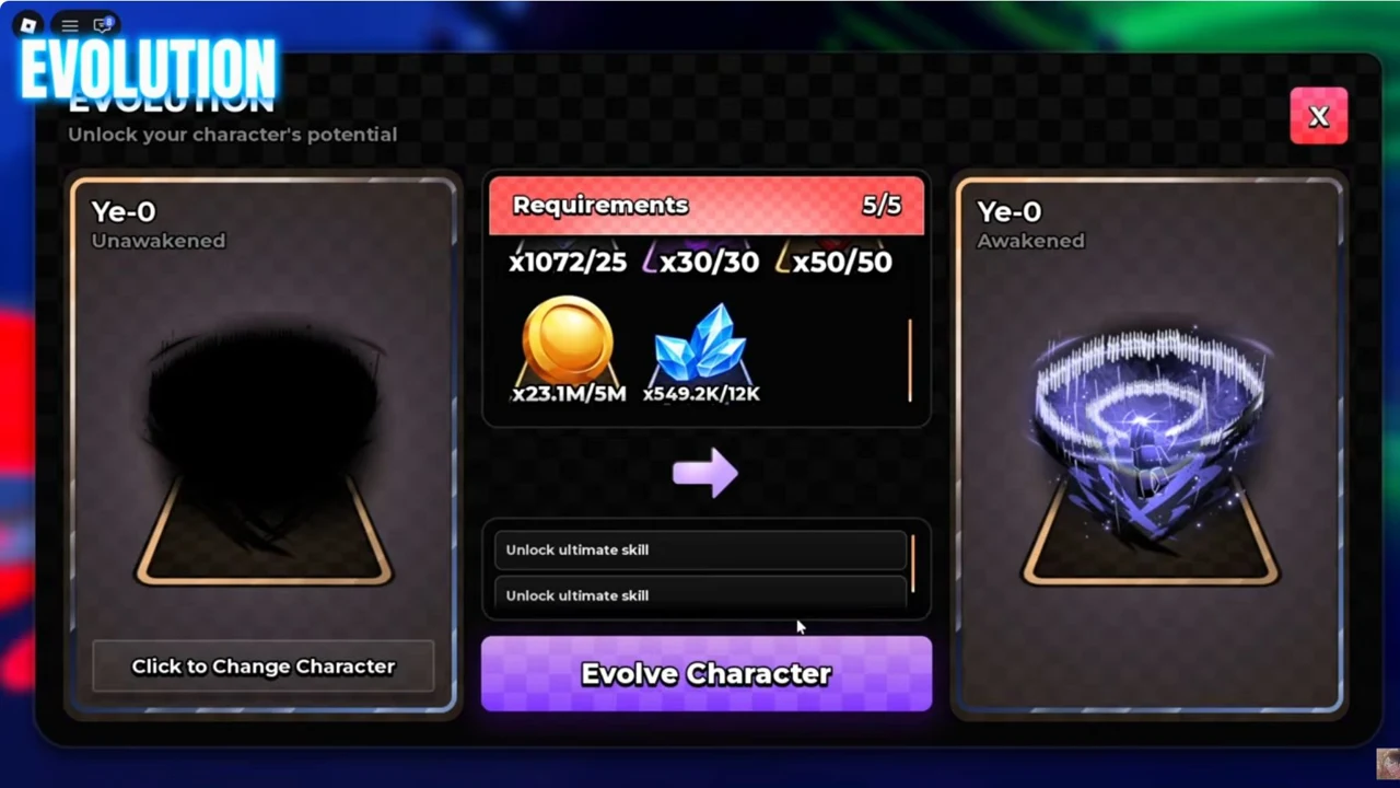 Ye-0 evolution currency costs: 5 million Coins and 12,000 Gems